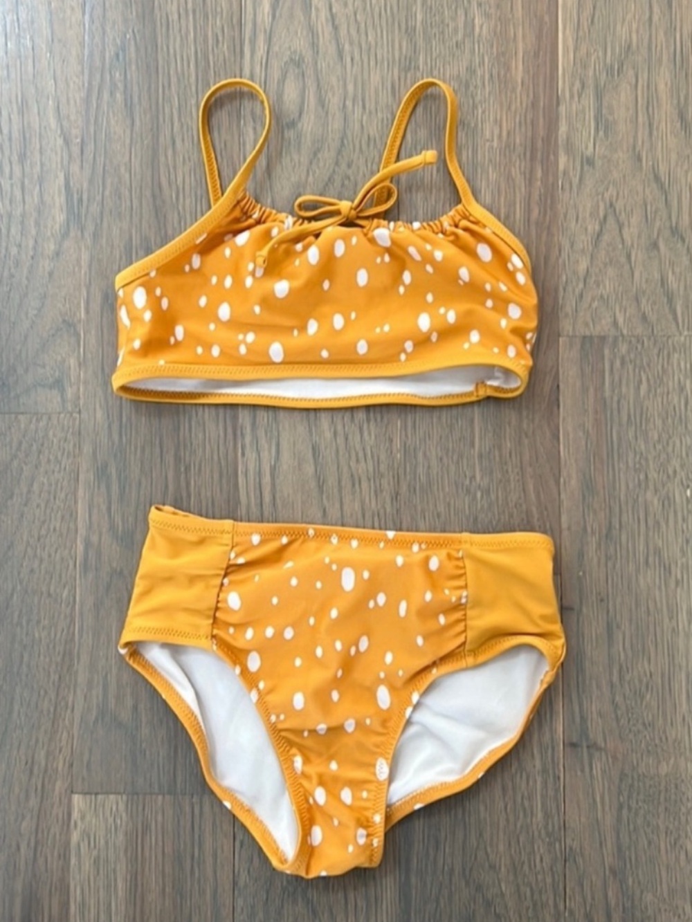 Mustard Yellow Two-Piece Bikini Set with White Speckle Print size 6